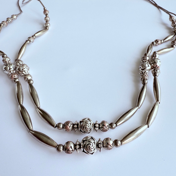 Native American Navajo Bead Cylinder Sterling Silver Two Strand Necklace 26" - Picture 4 of 6